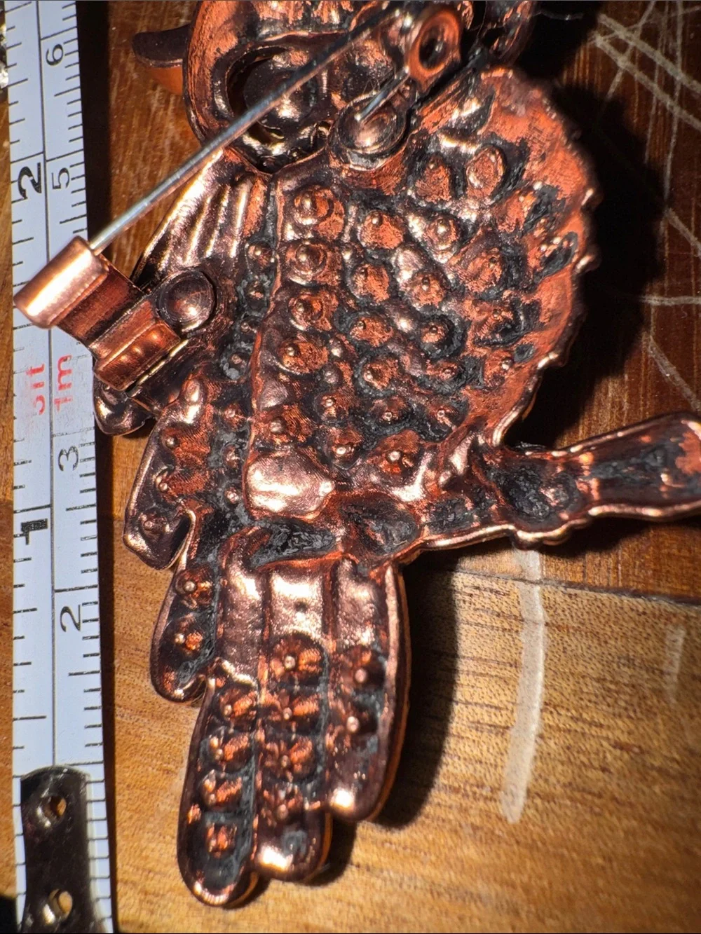 Source Unknown Blue Crystal Owl Brooch with Copper Tone